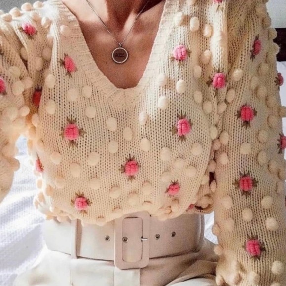 Zara Sweaters - Zara Floral Pom Pom Sweater M Blogger New Cream